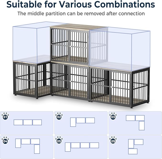 77.64''Dog Crate Furniture Large Breed TV Stand with Double Rooms,Wooden Dog Kennel Dog Crate End Table with Removable Divider for Large Medium Dogs, Can Use Separately