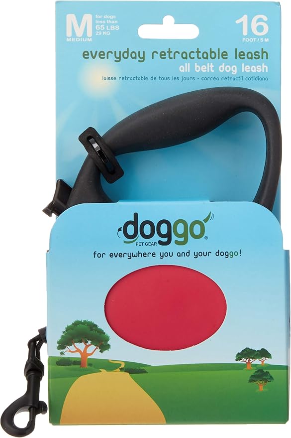 doggo Everyday Retractable Dog Leash, 16' Long Belt, Medium for Dogs Up to 65 lbs, Red with Black Soft Grip Handle
