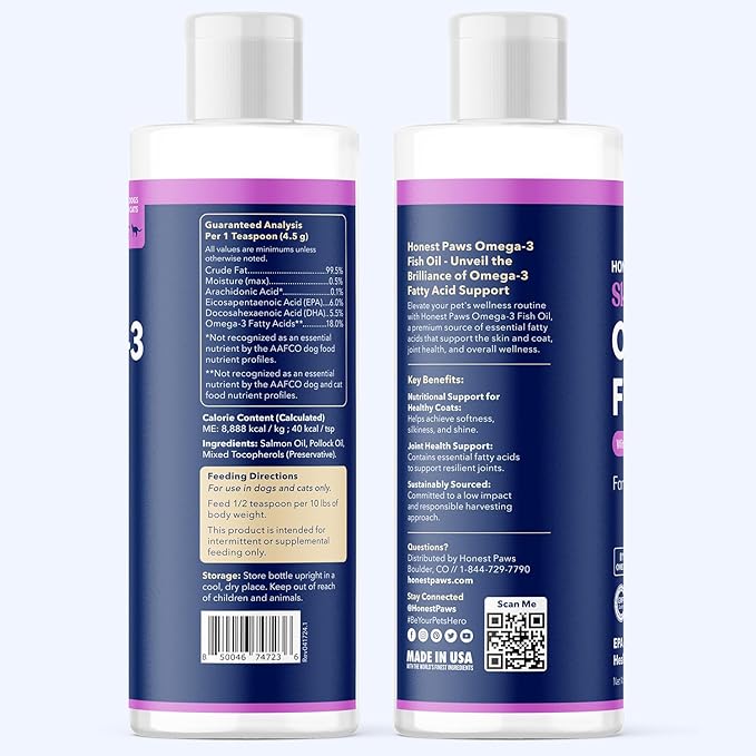 Honest Paws Fish Oil for Dogs - Omega 3 Wild Alaskan Salmon Oil - Healthy Skin, Joints, Nutritional Support, Shiny Coat - Fatty Acid, Pollock Oil - Sustainably Sourced - 8 Oz