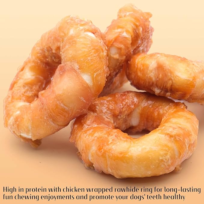 ASMPET Dog Bones for Large Dogs, Chicken Wrapped Rawhide Donuts Dog Bones Long Lasting Dog Treats Large Breed Dog Chews Bones for Medium Dogs Rawhide Bones for large dogs Small Dogs(Pack of 4)