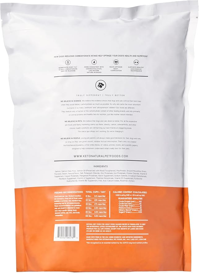 Ketona Salmon Recipe Adult Dry Dog Food, Natural, Low Carb (Only 5%), High Protein (46%), Grain-Free, The Nutrition of a Raw Diet with The Cost and Convenience of a Kibble; 4.2 lb
