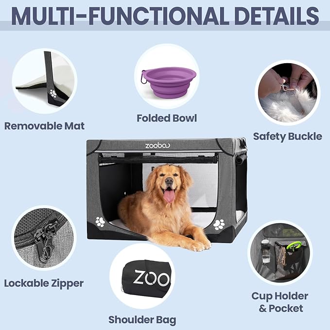 36" Portable Soft Dog Crate for Large Dogs - Collapsible Travel Kennel with Carry Bag, Foldable Cage with Durable Textilene Mesh Door, Plush Bed - Ideal for Home or Travel - Charcoal Gray