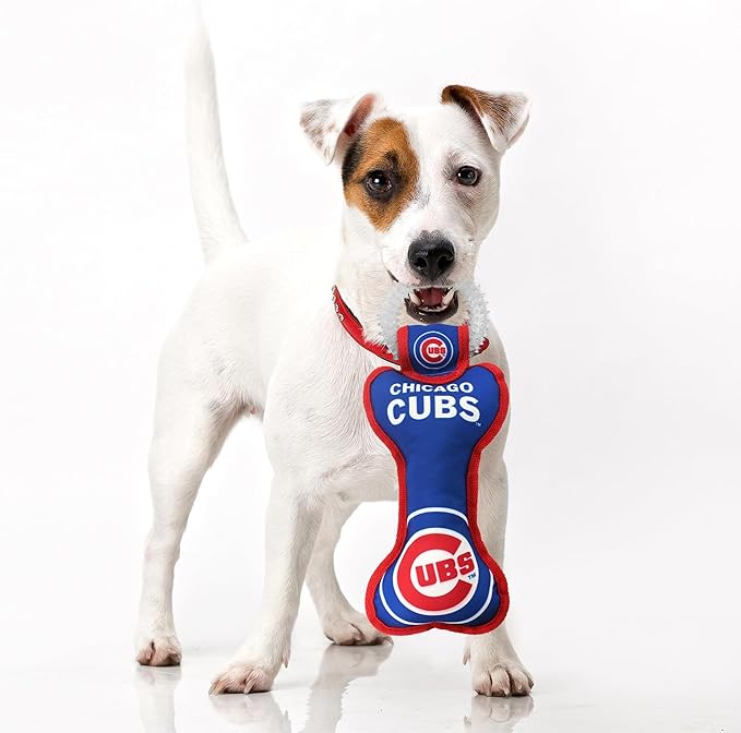 MLB Chicago Cubs Bone Shaped Dental Dog TUG Toy with Squeaker. Tough PET Toy for Healthy Fun, Teething, and Cleaning pet's Teeth and Gum.