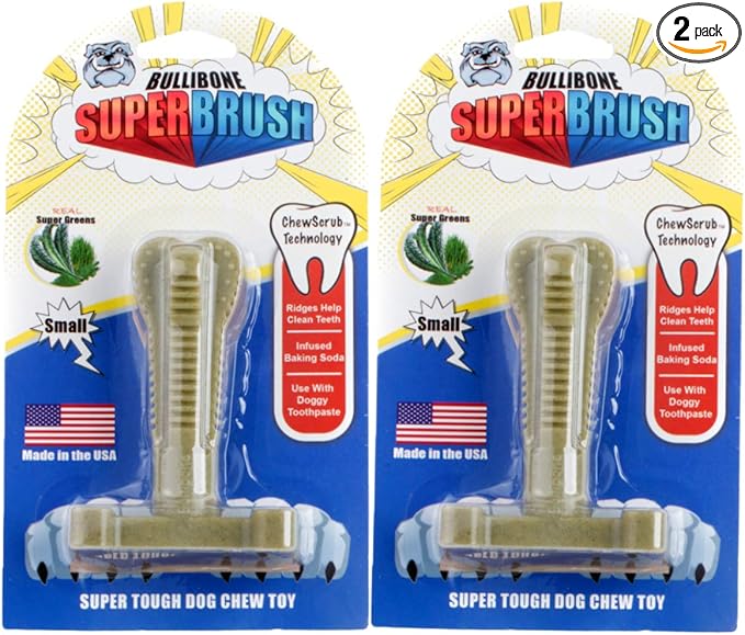 Bullibone SuperBrush: Dog Teeth Cleaning Brushing Toothbrush Stick - Long Lasting Nylon Super Greens Chew Toy for Oral Care and Dental Health