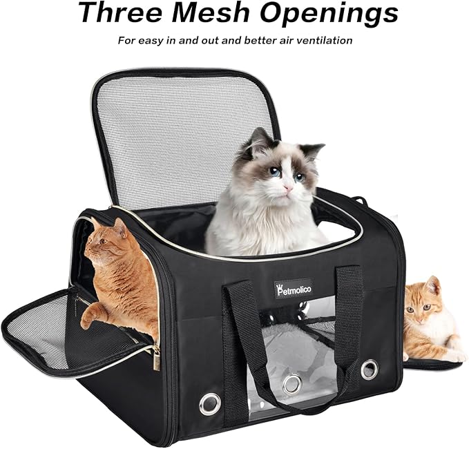 Petmolico Cat Carrier Dog Carrier, Airline Approved Soft Pet Travel Carrier with 3 Open Doors Mesh Windows for Cats Puppy 16 lbs, Black