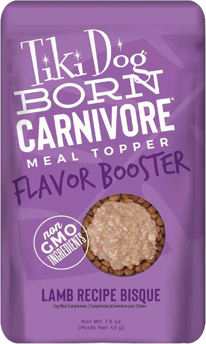 Tiki Dog Born Carnivore Flavor Booster, Lamb Recipe Bisque, Grain Free Meat Based Treat, Meal Topper for All Dog Breeds and All Life Stages, 1.5 oz, Pack of 12