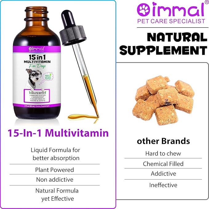15 in 1 Dog Multivitamin Drops for Dogs - Dog Vitamins & Supplements Natural Dog Multivitamins and Minerals - Glucosamine, MSM for Skin & Coat, Heart Health, Bones, Joint, Immune System Support