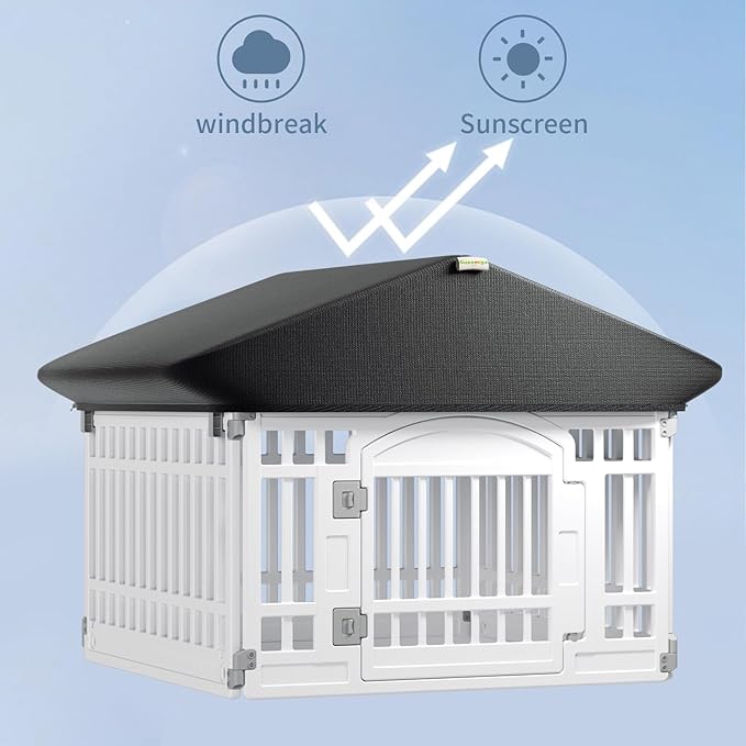 Pet Playpen Foldable Gate for Dogs Plastic Puppy Exercise Pen with Door Portable Indoor Outdoor Pets Fence Puppies Folding Cage 4 Panels House Supplies (6*Playpen White Roof with Cover)