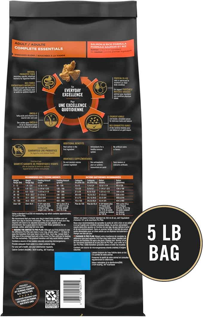 Purina Pro Plan High Protein Dog Food With Probiotics for Dogs, Shredded Blend Salmon & Rice Formula - 5 lb. Bag