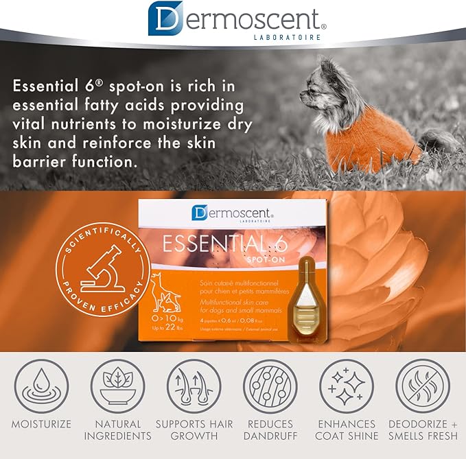Dermoscent Essential 6 spot-on - Dog Skin Care for Dandruff & Allergy Relief with Vitamin E Oil - Anti Itch for Dogs - Dog & Small Mammals 0-10 kg - 4 Pipettes of 0.6 ml