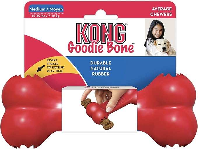 KONG Goodie Bone - Classic Durable Natural Rubber Dog Bone, Supports Mental Engagement - Treat Dispensing - Red - for Medium Dogs