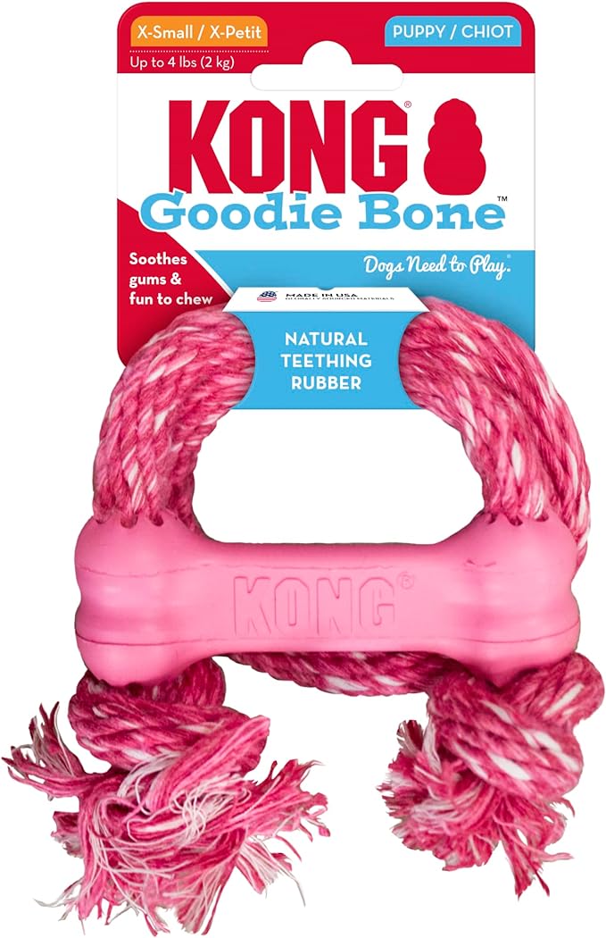 KONG Puppy Goodie Bone with Rope - Dog Chew Toy for Puppies - Natural Rubber Bone Toy with Cotton Rope - Teeth Cleaning Toy for Growing Puppies - for XS Puppies - Pink