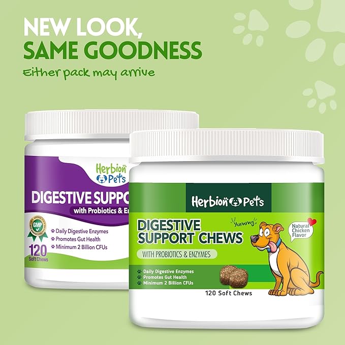 Herbion Pets Digestive Support Chews with Probiotics and Enzymes, 120 Soft Chews - with Daily Digestive Enzymes - for Improved Gut Health - Minimum 2 Billion CFUs - Made in USA - for Dogs 12 Weeks+