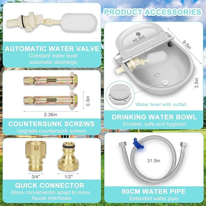 Automatic Water Bowl Dispenser for Dog, 304 Stainless Steel Animal Waterer Kit with Float Valve,for Livestock,Horse,Dog,Goat,Pig, Chicken, Animals Drinking Water Trough