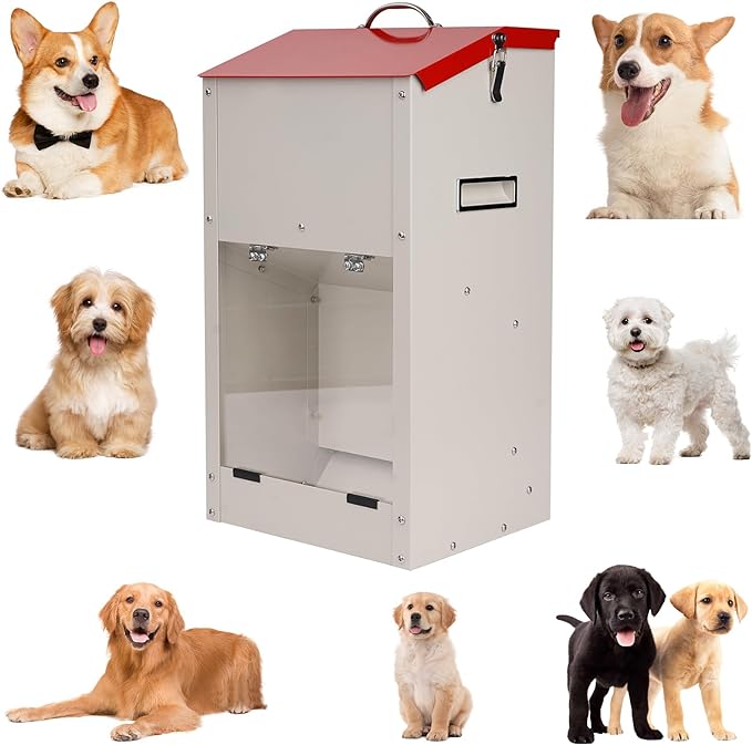 Large Automatic Dog Feeder with Handle, 25 Lbs Indoor and Outdoor Automatic Dog Food Dispenser Container Large Breed 11.5'' L X 9.8'' W X 23'' H Hanging Dog Auto Feeder for Large Dogs