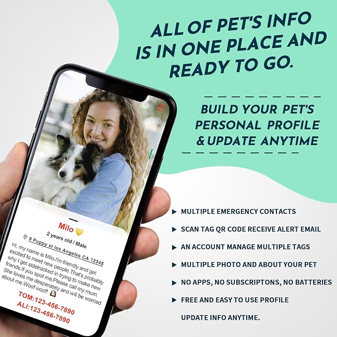 MYLUCKYTAG QR Code Pet ID Tags Dog Tags - Pet Online Profile - Scan QR Receive Instant Pet Location Alert Email