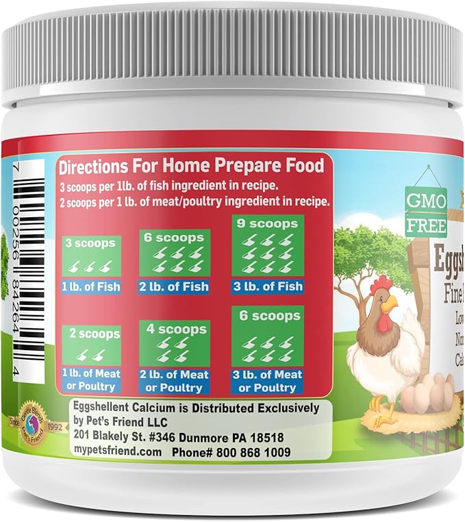 Pet's Friend Eggshellent Calcium 6 oz - Fine Eggshell Powder Calcium Supplement for Dogs and Cats, Low Phosphorous Non-Bovine Ingredients, Nourish Muscles, Joints, and Bones, Tasty Food Additive