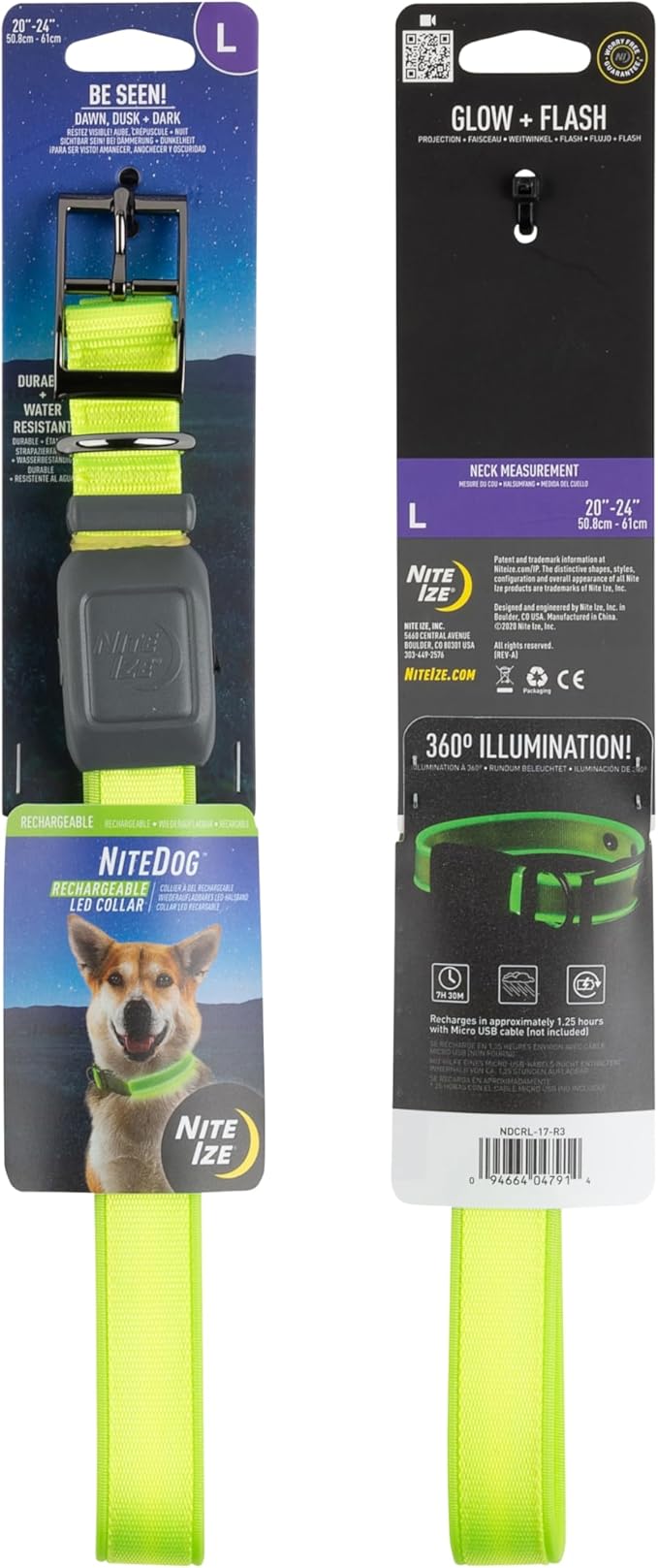 Nite Ize NiteDog Rechargeable LED Collar - Light Up Dog Collar with Durable Metal Buckle - Water-Resistant & Rechargeable Collar - Dog Supplies for Night Activities - Large, Lime