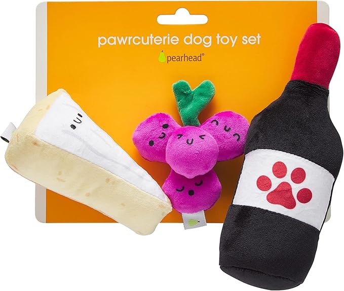 Pearhead Pawrcuterie Board Dog Toys, Set of 3, Wine Cheese & Grape Dog Toys, Charcuterie Board Toy Set for Pets, Must Have Plush Chew Toys for Pet Owners