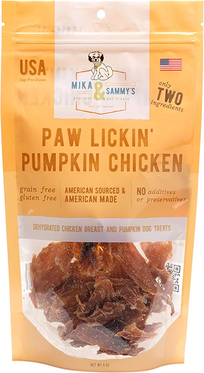 Gourmet Jerky Dog Treats - Natural Dog Treat Chicken Jerky for Dogs, Nutritious and Tasty Dog Jerky Treats Made in USA only, Cage-Free, No Additives(Mika & Sammy's Paw Lickin Pumpkin Chicken 5 oz)