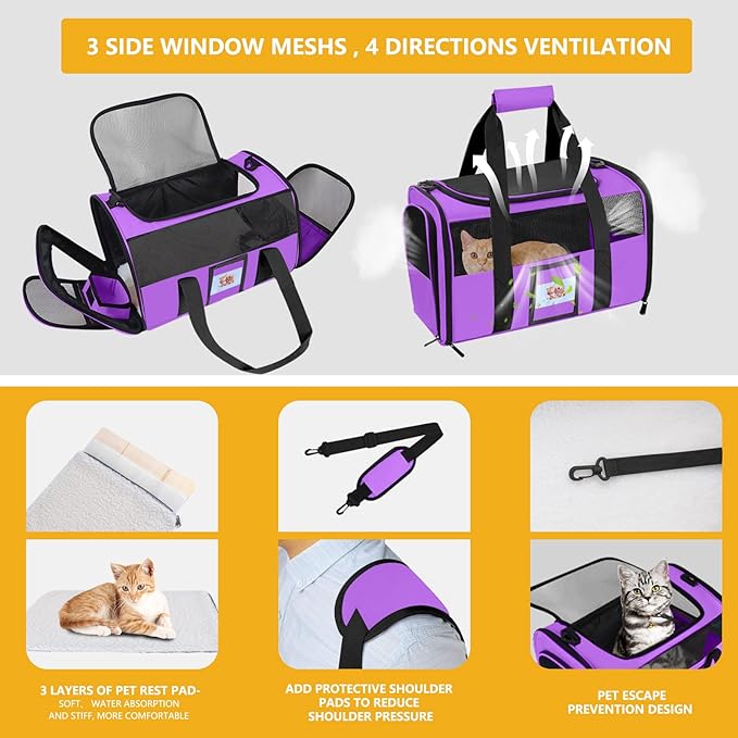 Cat Carrier, Dog Carrier, Pet Carrier Airline Approved for Cat, Small Dogs, Kitten, Cat Carriers for Small Medium Cats Under 15lb, Collapsible Soft Sided TSA Approved Cat Travel Carrier-Purple
