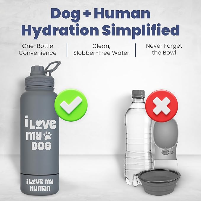 Dog Water Bottle for Dog Lovers - 32 oz Stainless Steel Double Wall Insulated Water Bottle with 8 oz Attached Dog Bowl - Best Dog Mom Gifts for Women - “I Love My Dog” - Smokey Grey