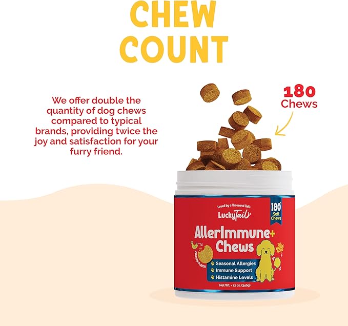 AllerImmune+ LuckyTail Seasonal Allergy Relief Chew for Dogs - Salmon Oil, Tumeric, Apple Cider Vinegar - Dog Probiotic for Itchy Skin - Dog Anti Itch Supplement - 180 Soft Chews