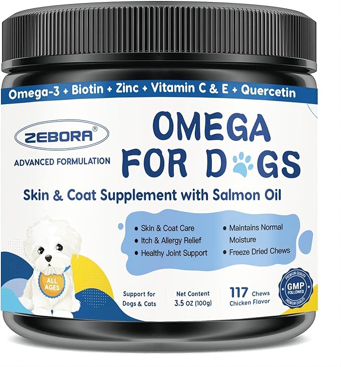 Omega 3 for Dogs with Salmon Oil, 117 Chewable Fish Oil for Dogs Skin and Coat - Dog Allergy Relief, Hot Spot Treatment, Anti Shedding, Hip & Joint Support with EPA & DHA, Biotin, Vitamin E