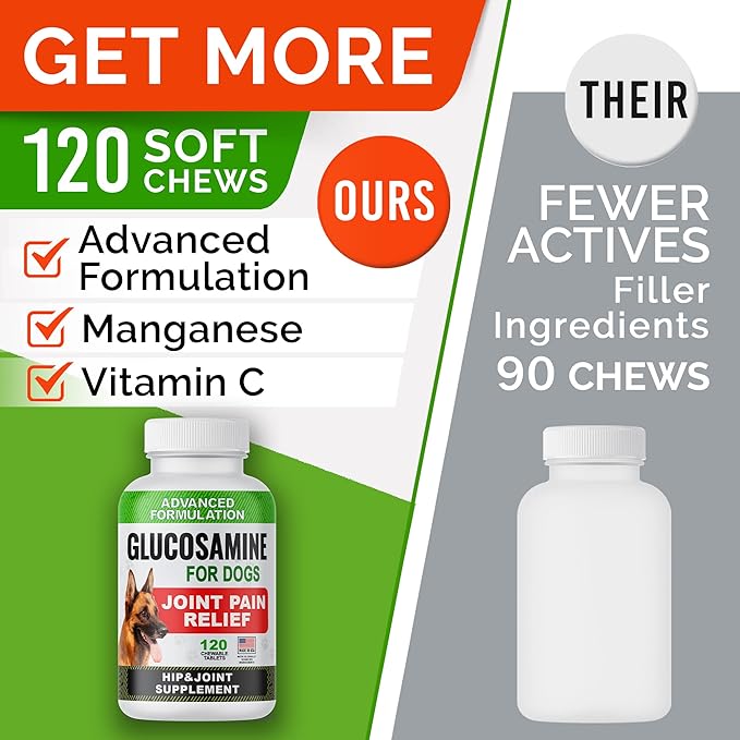 Glucosamine Tablets for Dogs - Joint Supplement w/Omega-3 Fish Oil - Chondroitin, MSM - Advanced Mobility Chews - Joint Pain Relief - Hip & Joint Care - 120 Ct - Made in USA