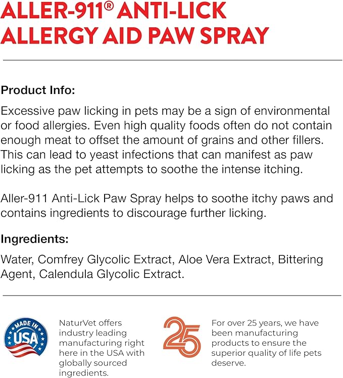 NaturVet Aller-911 Anti-Lick Paw Spray for Dogs & Cats – Includes Aloe Vera – Helps Sooth Itchy Paws, Offers Dog & Cat Allergy Support – Helps Discourage Pet Licking – 8 Oz. Spray