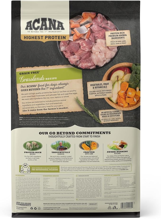 ACANA Highest Protein Dry Dog Food, Grasslands, Lamb and Duck Recipe, 25lb