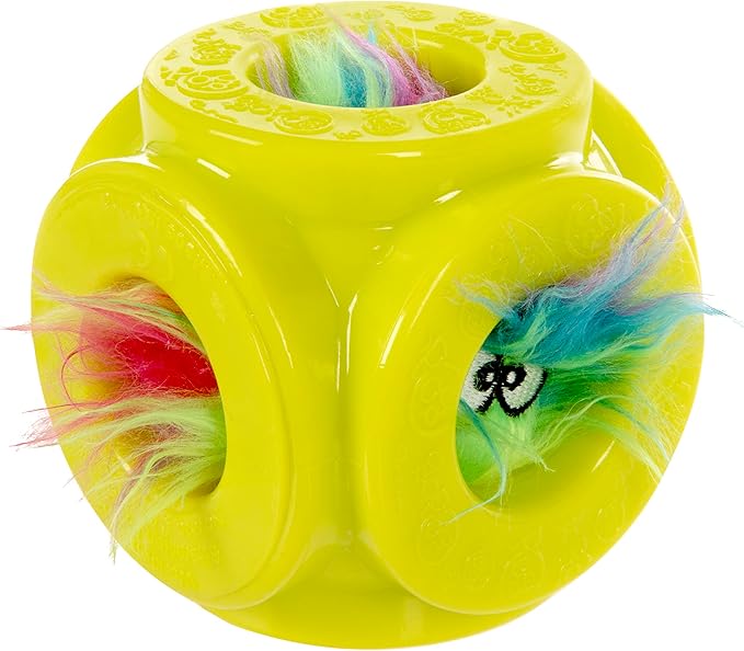 goDog Cage Ball 2-in-1 Burrow Bounced w/Furballz Squeaky Plush Ball Dog Toy - Yellow, One Size
