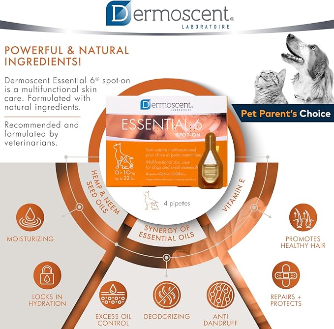 Dermoscent Essential 6 spot-on - Dog Skin Care for Dandruff & Allergy Relief with Vitamin E Oil - Anti Itch for Dogs - Dog & Small Mammals 0-10 kg - 4 Pipettes of 0.6 ml