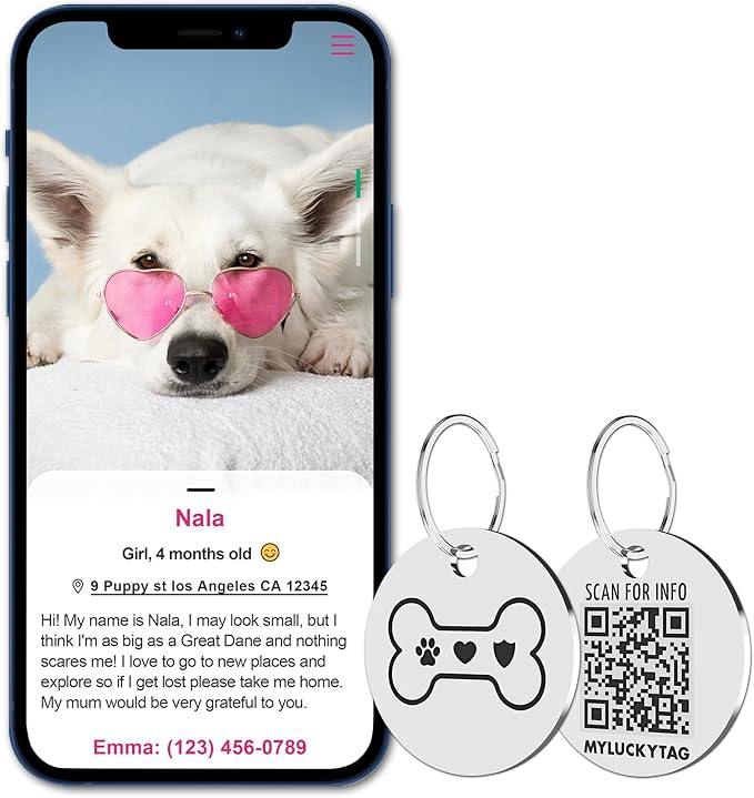 MYLUCKYTAG Stainless Steel QR Code Pet ID Tags Dog Tags - Pet Online Profile - Scan QR Receive Instant Pet Location Alert Email