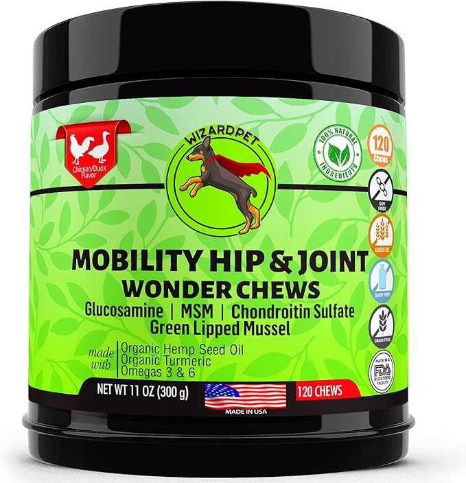 Advanced Hemp Hip and Joint Supplement for Dogs - Hemp Oil Glucosamine Chondroitin for Dog - Omegas - Turmeric - MSM - Green Lipped Mussel, Made in USA treats support mobility - 120 Chews