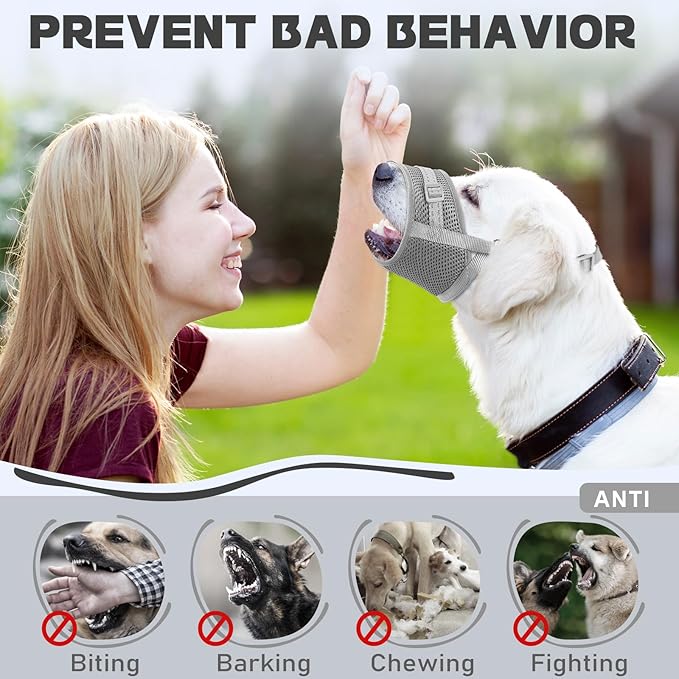 Dog Muzzle Soft Air Mesh Muzzle for Medium Dogs, Adjustable Pet Muzzle for Small and Large Dogs to Drink Normally, Breathable Reflective Muzzle for Dogs to Prevent Biting(Grey,L-13)