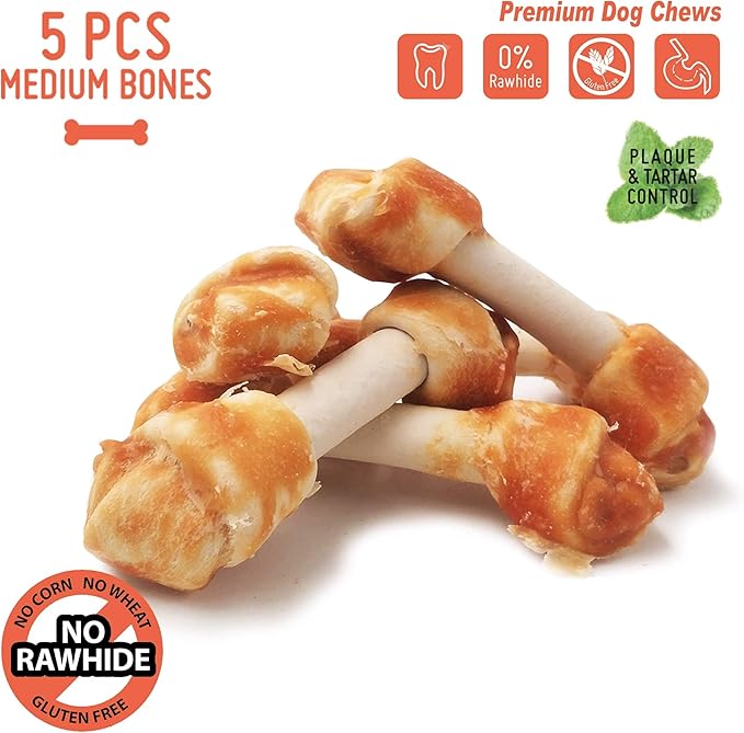 Chicken Dog Chew Bones Medium, Rawhide Free, Grain Free, Made with Real Chicken & Wholesome Vegetables, Knotted Bones Medium 5pcs/pack