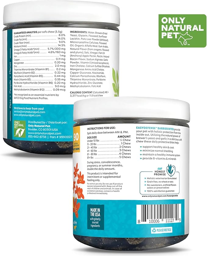 Only Natural Pet EasyDefense Barrier Bites Soft Flea Chews for Dogs - First Line of Defense Againts Fleas & Ticks, Boosts Immune System and Healthy Skin & Coat - (90 Bacon Flavored Soft Chews) 2 Pack
