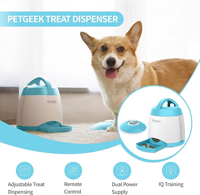 PETGEEK Automatic Treat Dispenser with Remote Button - Puzzle Memory Training Activity Toy- IQ Training Feeder for Dogs & cats (Blue)