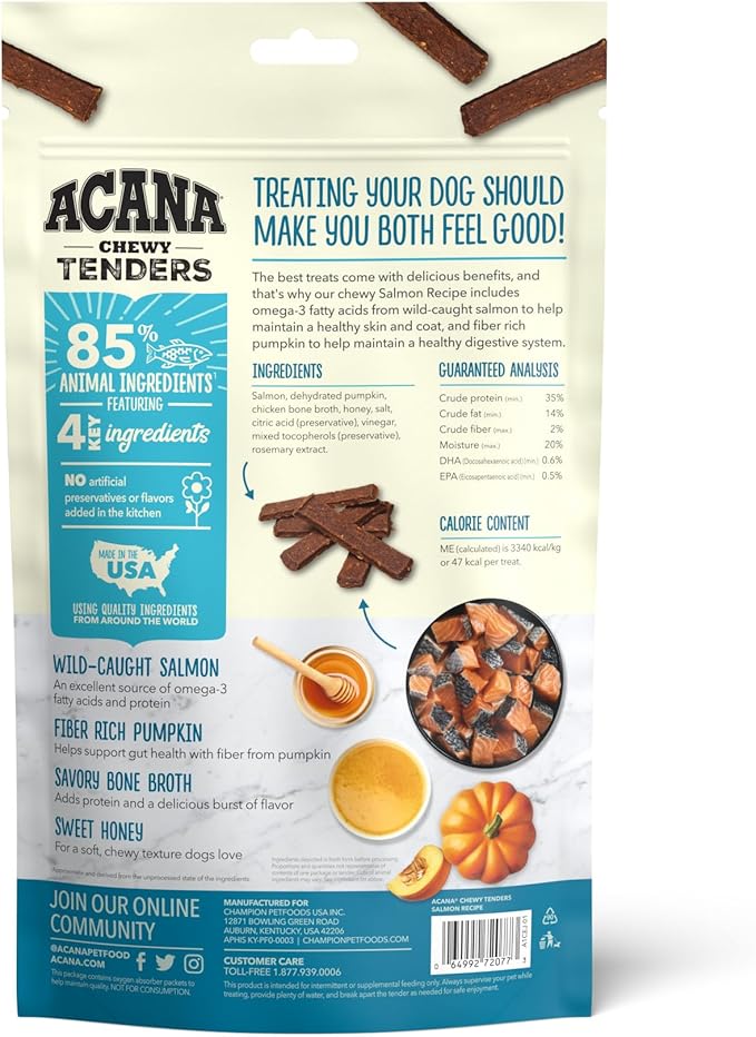ACANA Chewy Strips Dog Treats, Salmon, High Protein Dog Treats, 4oz