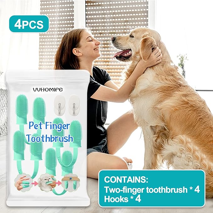 Two Finger Toothbrush for Dogs, Cat Toothbrush Two Finger, Double Cleaning Strength, Double The Efficiency, Efficient Teeth Cleaning, Ergonomic, Ring Bristle, Easier to Use. (4-pcs, blue)