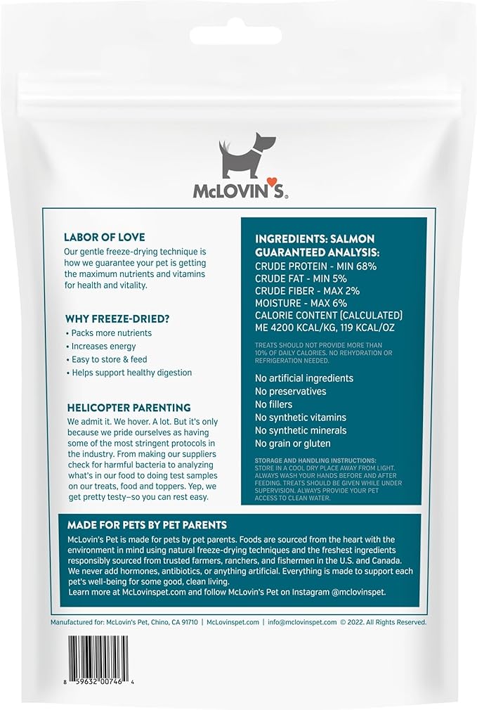 McLovin's Salmon Freeze Dried Treats, 3x2.5oz (7.5oz), High-Protein Grain-Free Dog Training Rewards, All-Natural, Made in USA
