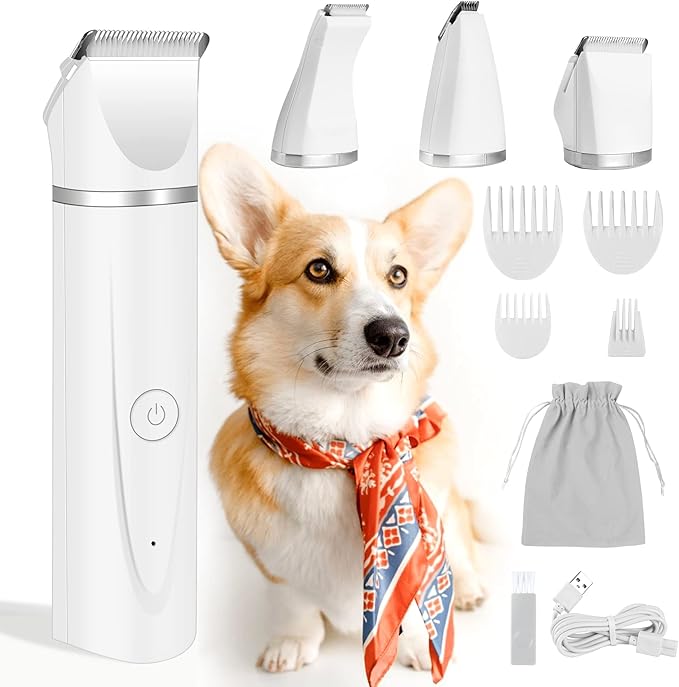 FERRISA Dog Clippers for Grooming, Small Dog Clipper Dog Grooming Kit with 4 Blade Heads, Low Noise Dog Grooming kit for Dogs Hair, Dog Clippers of Eyes, Ears, Face, Rump