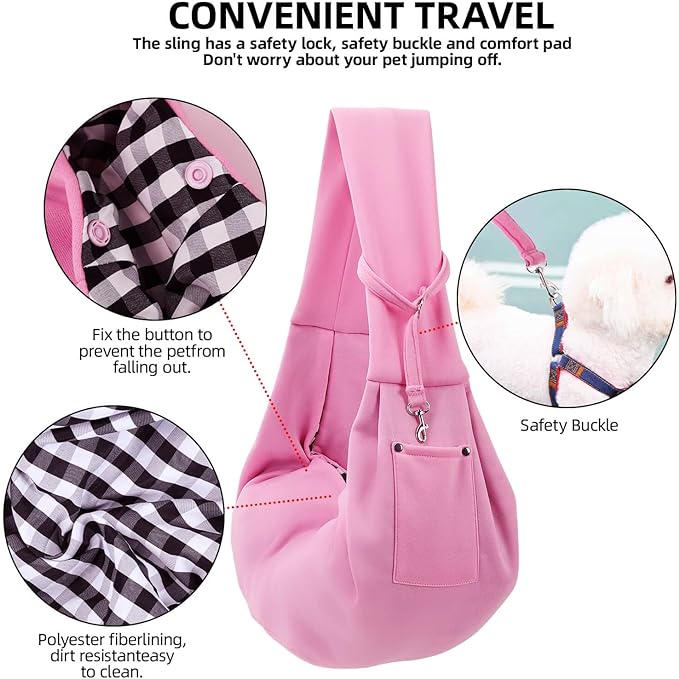 Dog Carrier Sling - Reversible Puppy Carrier Purse with Storage Pocket, Hand-Free Dog Sling Carrier for Carry Small Dogs and Cats,Travel Safety Harness, Dog and cat Harness (Pink)