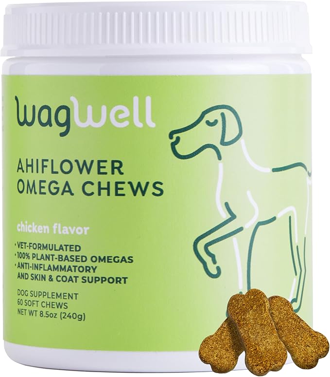 Ahiflower Omega Oil Dog Chews - Vet-Formulated Skin, Coat, Hip and Joint Chews for Dogs - Plant-Based Omega 3, 6 and 9 Supplement - Natural Chicken-Flavored Dog Omega Oil Bites, 60 Soft Chews