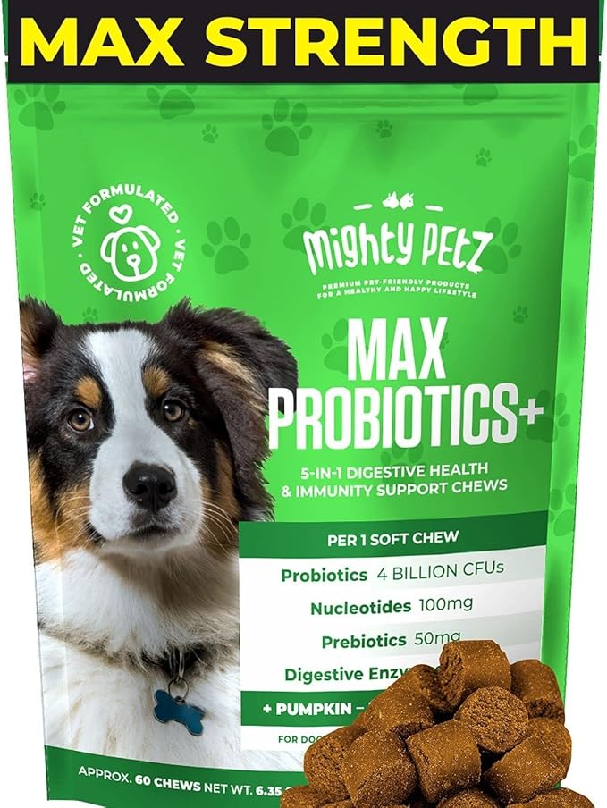 Mighty Petz MAX 5-in-1 Probiotics for Dogs - 4 Billion CFUs Probiotic Chews for Dogs and Digestive Enzymes + Prebiotic + Fiber. Gut Health, Anti Diarrhea, Allergy & Immunity Support