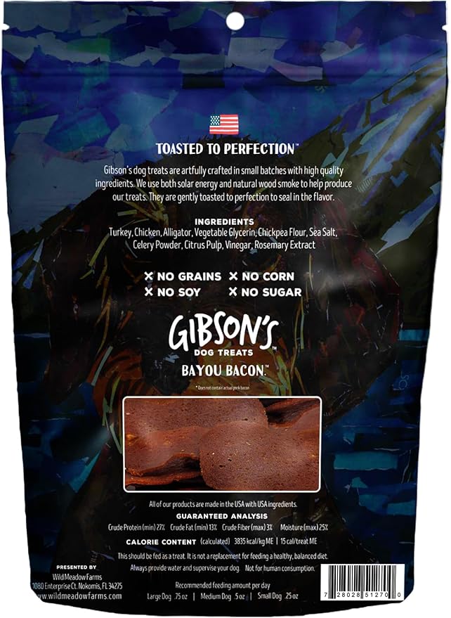 Wild Meadow Farms - Gibson's Bayou Bacon with Alligator, Soft Jerky Dog Treats, Crafted with Real Meat, Aromatic, and Grain-Free for Training and Rewarding Dogs of All Breeds & Ages - 3 Ounce Pouch
