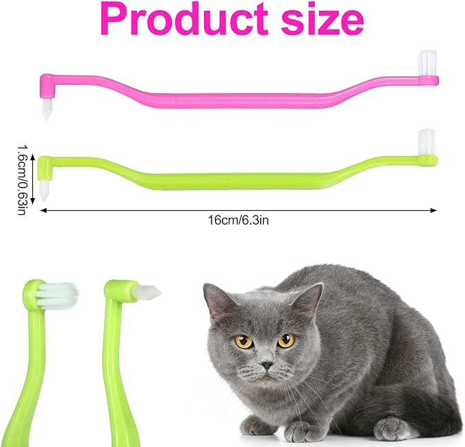 2pcs Dual Sided Cat & Dog Toothbrushes 6.3x0.63in Kitten Puppy Teeth Cleaning Brush Micro Head Pets Kitty Dental Care for Prevent Bad Breath & Plaque Tartar Formation (Pink,Green)