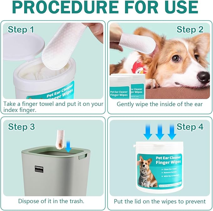 Pet Ear Wipes, Ear Cleaner Finger Wipes for Cats and Dogs, Soft & Easy Otic Cleaning Pads, Pet Supplies for Regular Soothing Odor Control Reduce Dirt Wax Earwax Buildup,50 Counts