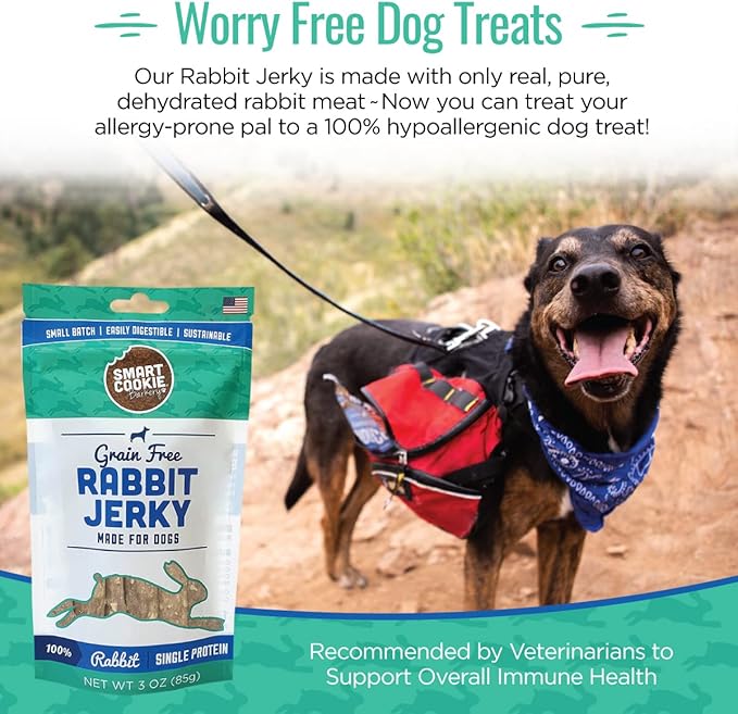 Single Ingredient Rabbit Jerky Dog Treats - Training Treat Strips for Dogs and Puppies with Allergies, Sensitive Stomachs - Dehydrated, 100% Meat, Grain Free, Made in USA - 3oz, Pack of 3